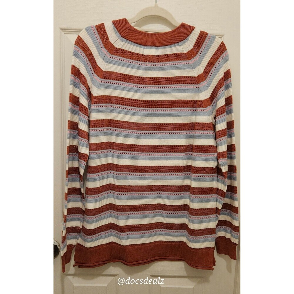 Market & Spruce Sweater Striped Eyelet Orange, Blue, White Women's Large - Picture 2 of 6